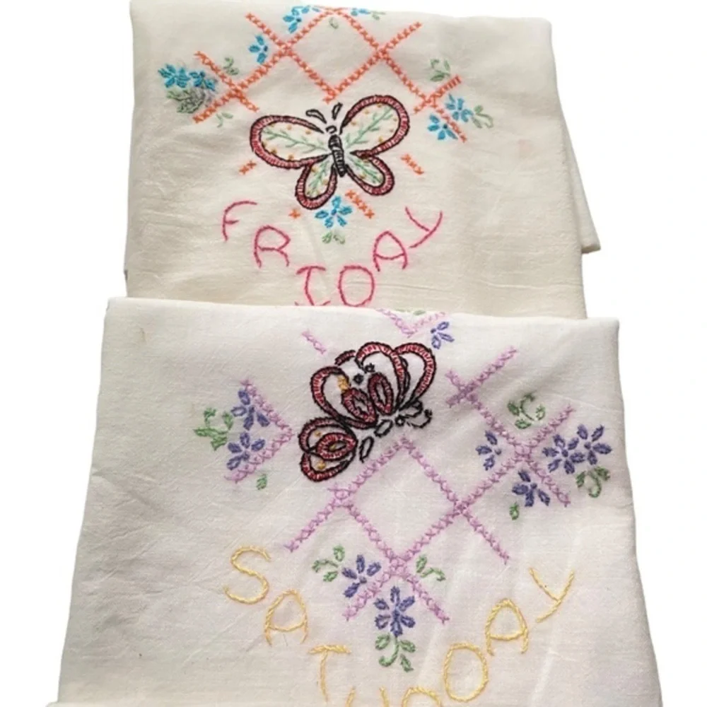 Vintage Flour Sack Embroidered Weekend Days Kitchen Towels Fri Sat Sun Butterfly